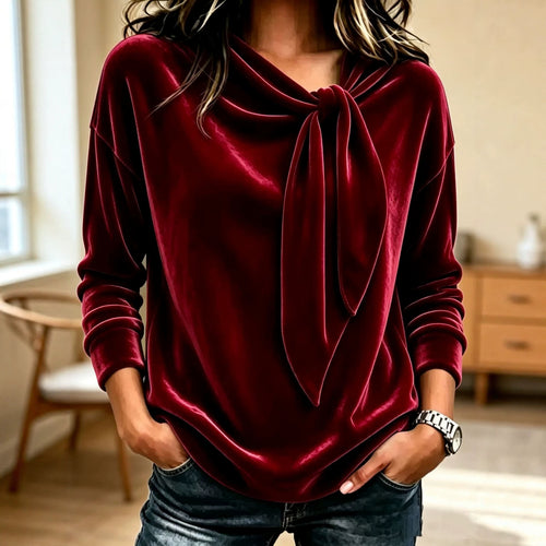 Damen Drapiertes Velours-Sweatshirt mit Knotenschalkragen Shop Nory