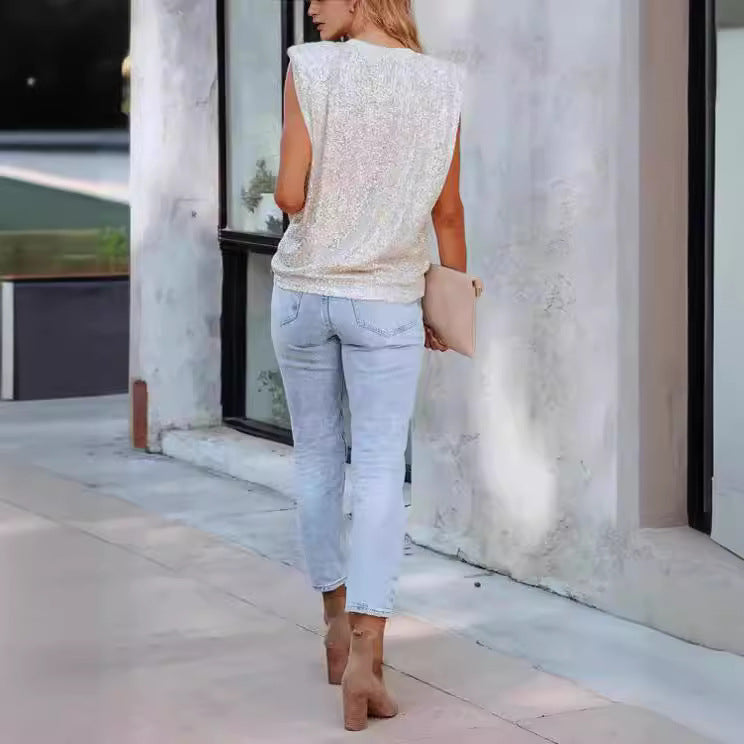 Damen Glitzernde Rundhalsbluse