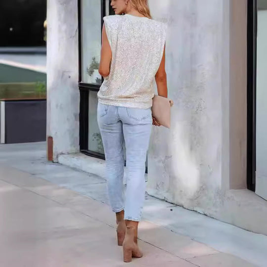 Damen Glitzernde Rundhalsbluse