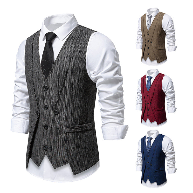 Herren Elegante Fischgräten-Tweedweste mit doppelreihiger Knopfleiste und Pattentaschen Shop Nory