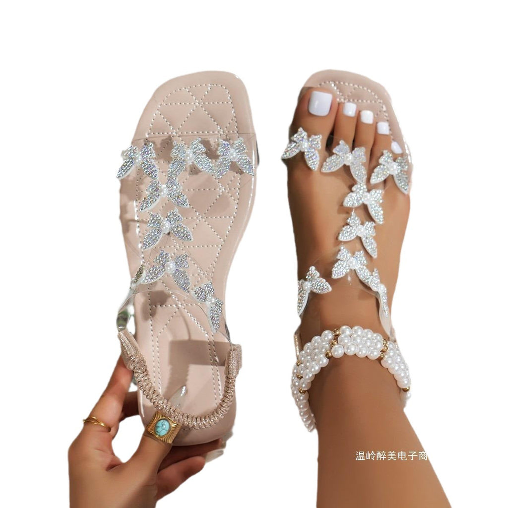 Damen Glamouröse Zehentrenner-Sandalen mit funkelnden Schmetterlingsapplikationen