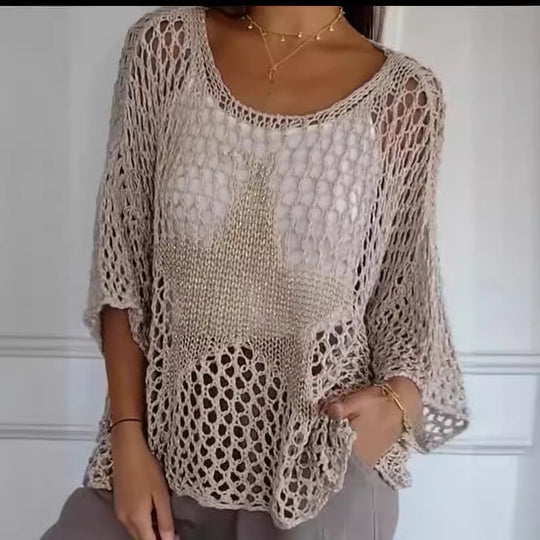 Damen nan oversized gehäkelter Pullover mit Sternapplikation und 3/4-Ärmeln Shop Nory