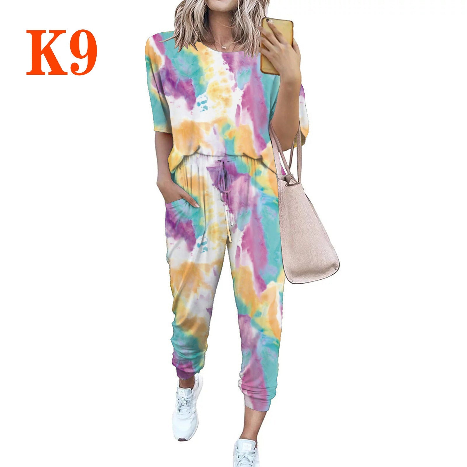 Damen lässiger Jumpsuit mit modischem Batikdesign und praktischen Taschen Shopnory