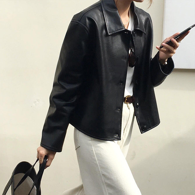 Damen Kurzjacke aus Lederimitat mit kastigem Schnitt und Hemdkragen Shop Nory