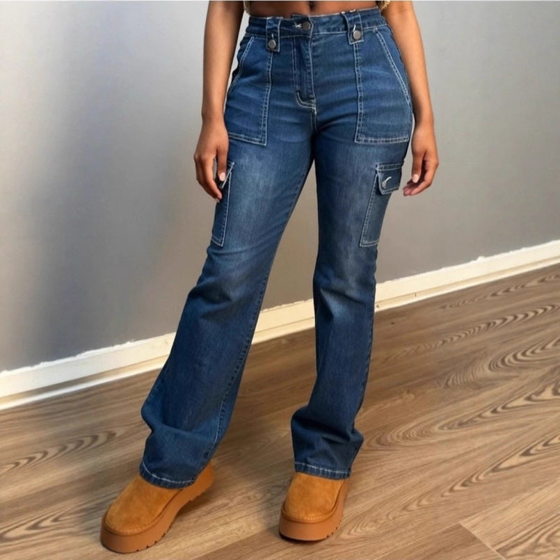 Damen Hochtaillierte Cargo-Denim-Jeans mit geradem Bein und aufgesetzten Klappentaschen Shop Nory