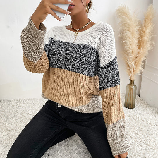 Damen Oversize Farbblock Strickpullover mit Rundhalsausschnitt und Rippbündchen Shop Nory