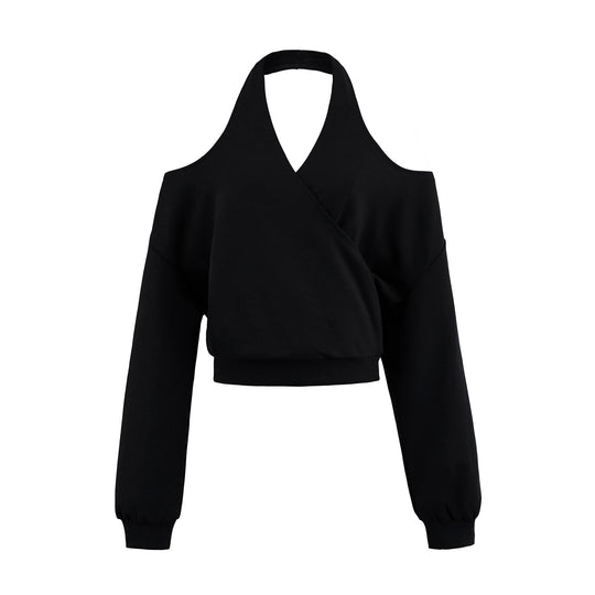 Damen Cropped Sweatshirt mit Neckholder, Cold-Shoulder und Wickeloptik Shop Nory