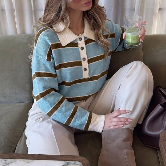 Damen Lässiges Streifenpullover mit Polokragen Shop Nory