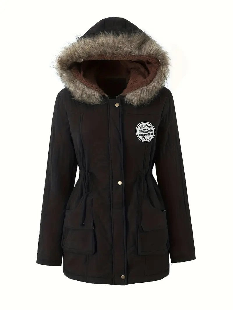 Damen taillierter Parka mit Teddyfutter, Kunstfellkapuze und Multifunktions-Taschen Shop Nory