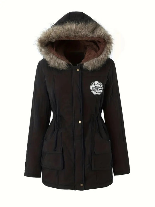 Damen taillierter Parka mit Teddyfutter, Kunstfellkapuze und Multifunktions-Taschen Shop Nory