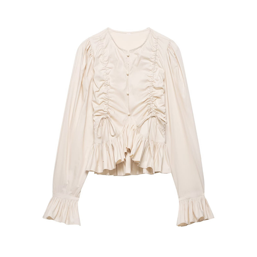Damen Rüschige Bluse mit Kordelzug, Ballonärmeln und Volant-Saum Shop Nory