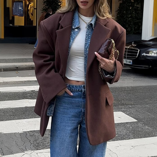 Damen nan oversized Longblazer mit kastigem Schnitt, Reverskragen, gefütterten Pattentaschen und strukturierter Wollmischung Shop Nory