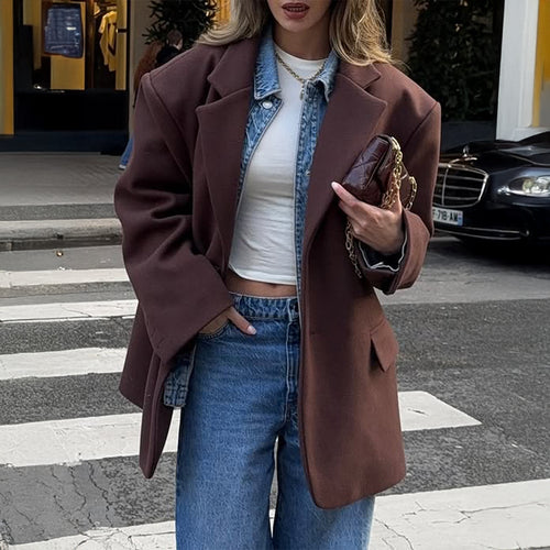 Damen nan oversized Longblazer mit kastigem Schnitt, Reverskragen, gefütterten Pattentaschen und strukturierter Wollmischung Shop Nory