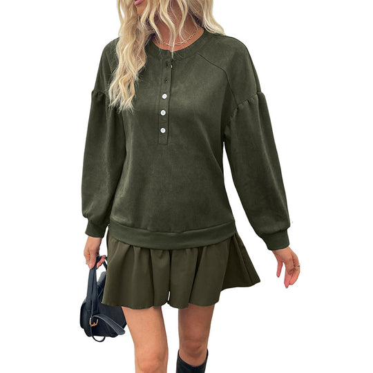Damen Velours-Henley-Sweatshirt mit Raglan-Ärmeln und Ballonärmeln Shop Nory