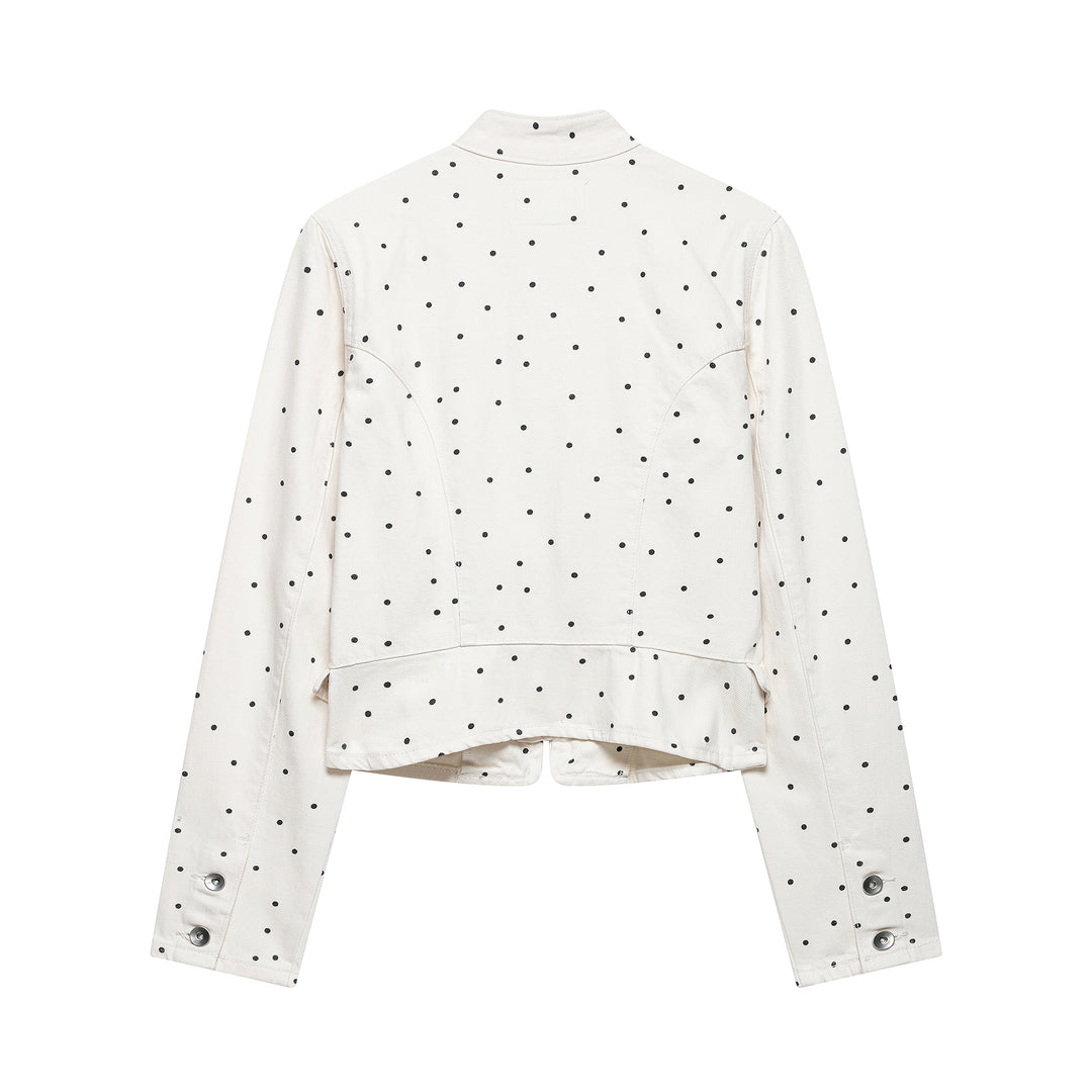 Damen Gepunktete Cropped Jeansjacke mit Stehkragen, Reißverschluss und Pattentaschen Shop Nory