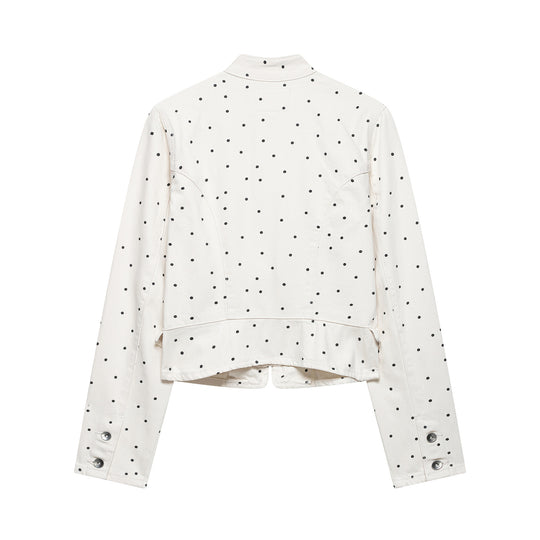 Damen Gepunktete Cropped Jeansjacke mit Stehkragen, Reißverschluss und Pattentaschen Shop Nory