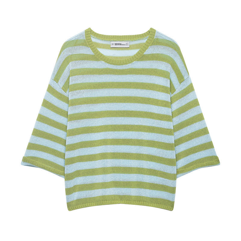 Damen Gestreifter Oversize-Strickpullover mit weitem dreiviertelärmel und Rundhalsausschnitt Shop Nory