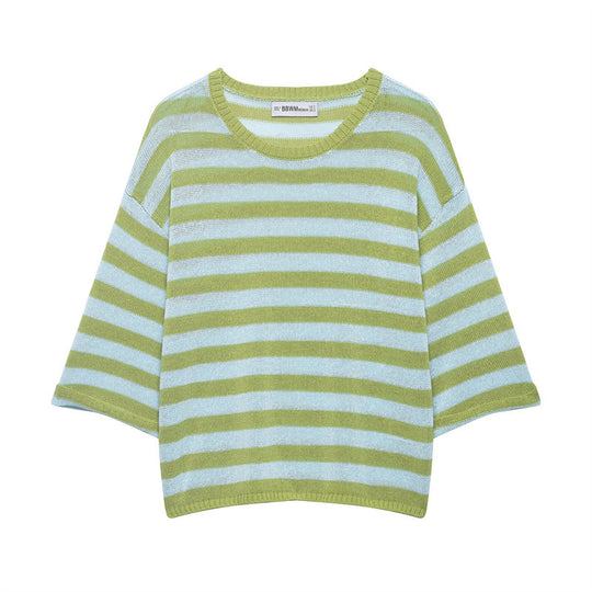Damen Gestreifter Oversize-Strickpullover mit weitem dreiviertelärmel und Rundhalsausschnitt Shop Nory