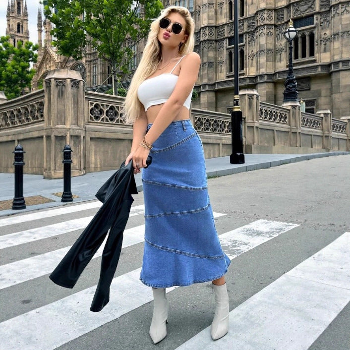 Damen taillenbetonter Denim‑Midirock mit wellenförmigen Ziernähten und ausgestelltem Saum Shop Nory