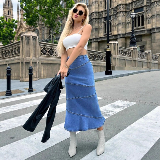 Damen taillenbetonter Denim‑Midirock mit wellenförmigen Ziernähten und ausgestelltem Saum Shop Nory