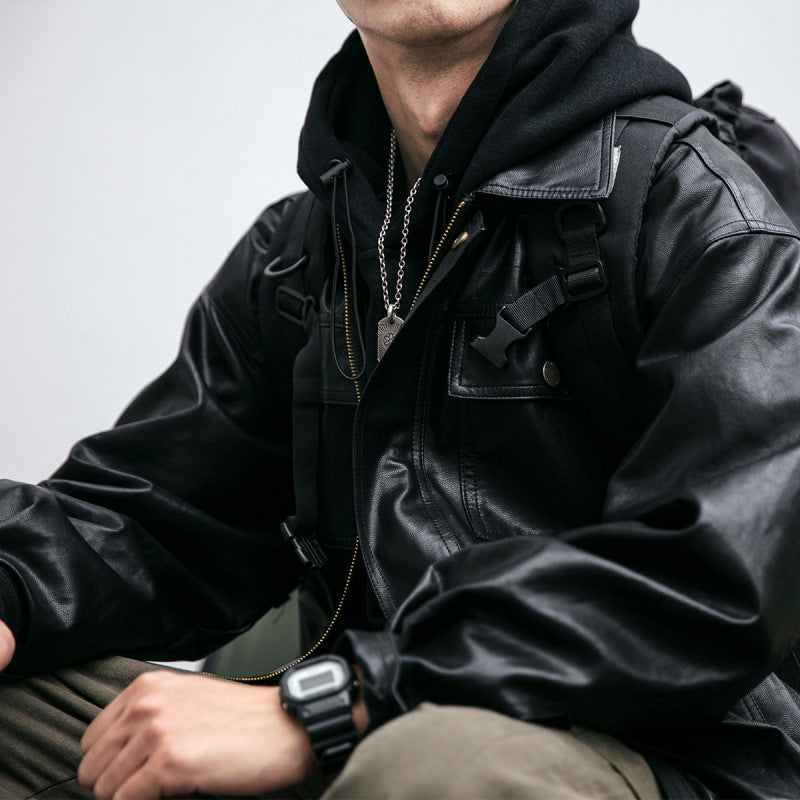 Herren Oversized Lederoptik-Utility-Jacke mit Pattentaschen und elastischem Saum Shop Nory