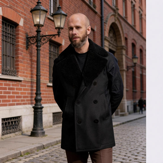 Herren Doppelreihiger Kurzmantel aus Wollmix mit großem Teddykragen Shop Nory