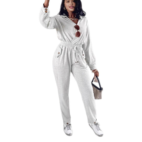 Damen Lässiger Jersey-Overall mit Wickelkragen, Kordel-Taille und aufgesetzten Knopf-Taschen Shop Nory