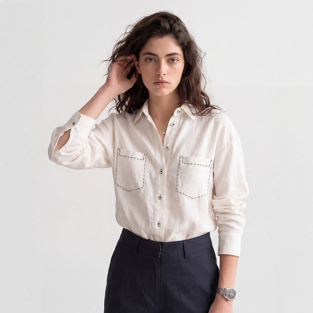 Damen Modische Langarmbluse mit Brusttaschen Shop Nory