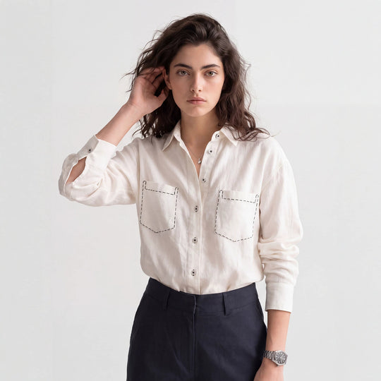 Damen Modische Langarmbluse mit Brusttaschen Shop Nory
