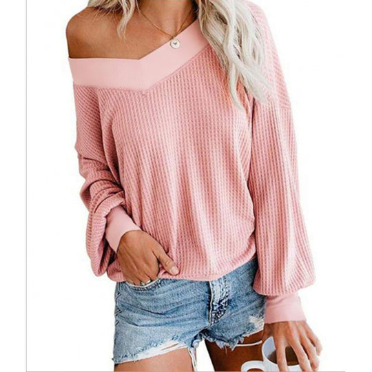 Damen Off‑Shoulder Waffelstrickpullover mit weitem Arm und elastischen Bündchen Shop Nory