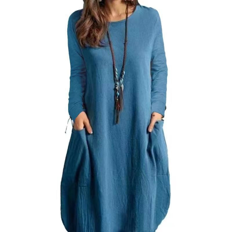Damen Langes A‑Linien Leinenoptik Kleid mit Eingrifftaschen und Rundhalsausschnitt Shop Nory