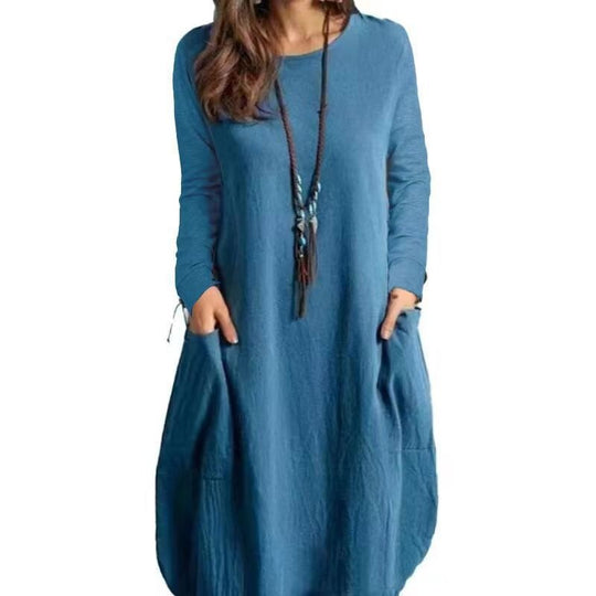 Damen Langes A‑Linien Leinenoptik Kleid mit Eingrifftaschen und Rundhalsausschnitt Shop Nory