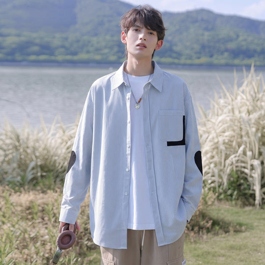 Herren Oversize-Hemd mit feinem Nadelstreifen, Kontrasttasche und Ellbogen-Patches Shop Nory