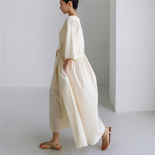 Damen Langes Baumwoll-Maxikleid mit Wickelgürtel und Eingrifftaschen Shop Nory
