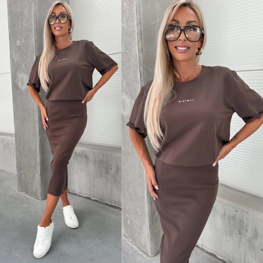 Damen zweiteiliges Strick-Set mit oversized Boxy-Shirt und figurumspielendem Midirock mit Seitenschlitz Shop Nory