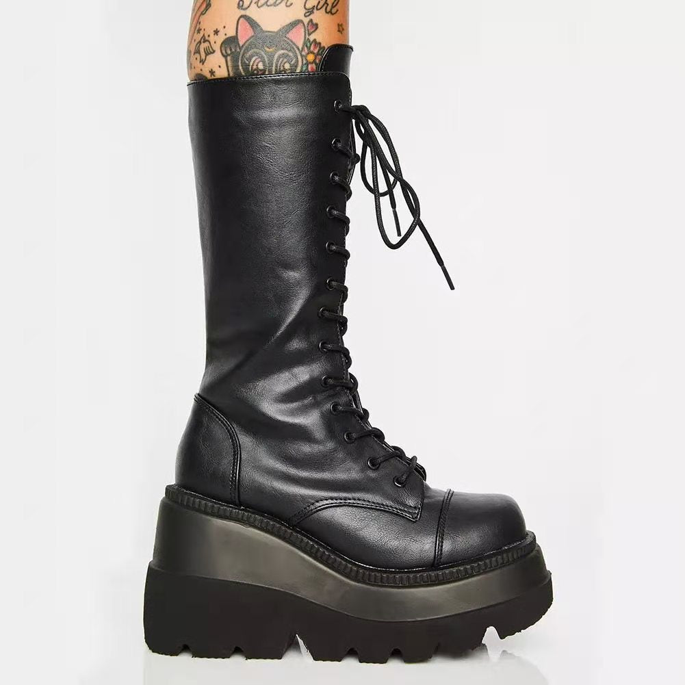 Damen Hochwertige Schnürstiefel mit Plateauabsatz und seitlichem Reißverschluss