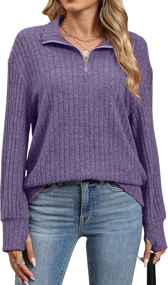 Damen Gerippter Halfzip-Pullover mit Stehkragen und Relaxed-Fit Shop Nory