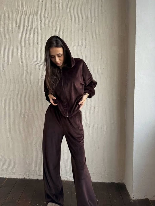 Damen luxuriöses Velours-Lounge-Set mit kurzem Reißverschluss-Hoodie und weitem High-Waist-Hose Shop Nory