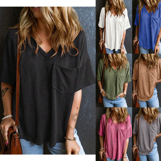 Damen Lässiges Rippstrick Oversize T-Shirt mit V-Ausschnitt und Brusttasche Shop Nory