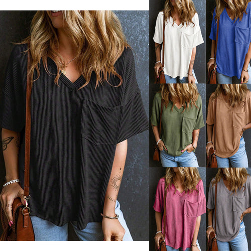 Damen Lässiges Rippstrick Oversize T-Shirt mit V-Ausschnitt und Brusttasche Shop Nory