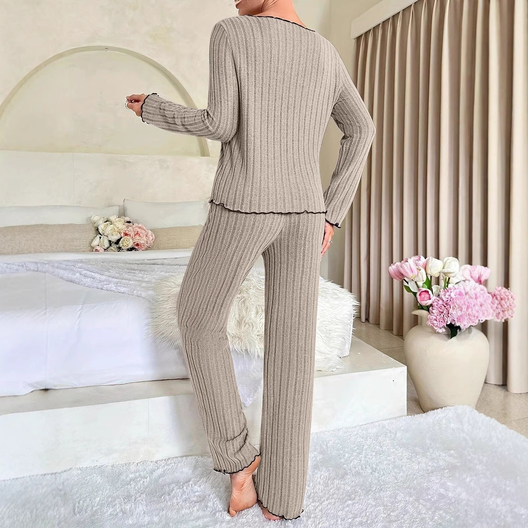 Damen Gemütlicher zweiteiliger Pyjama mit kontrastierenden Rüschen