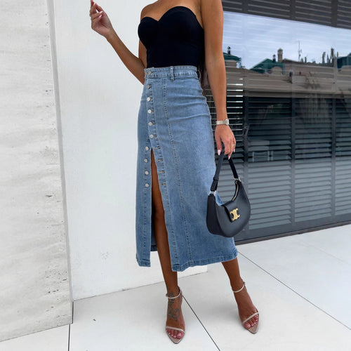 Damen Langer Jeansrock mit seitlichem Schlitz und modischen Knopfdetails
