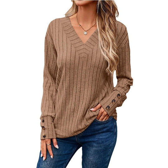 Damen Gerippter V-Ausschnitt Strickpullover mit Knopfmanschetten Shop Nory