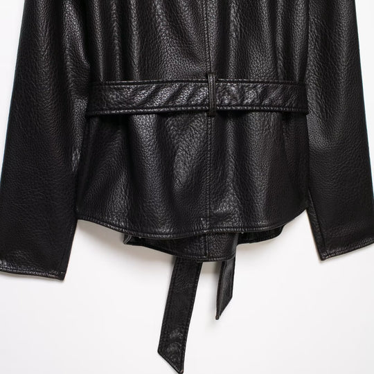 Damen Kurzjacke aus Lederoptik mit Schalkragen und Taillenbindegürtel Shop Nory