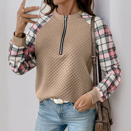 Damen Gesteppter Raglan-Sweatpullover mit halbem Reißverschluss und Karoärmeln Shop Nory