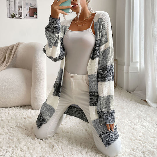 Damen Longline Strickcardigan mit breiten Blockstreifen, offener Front und überschnittener Schulter Shop Nory