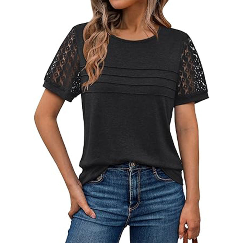 Damen luftiges T-Shirt mit attraktiven Häkelärmeln
