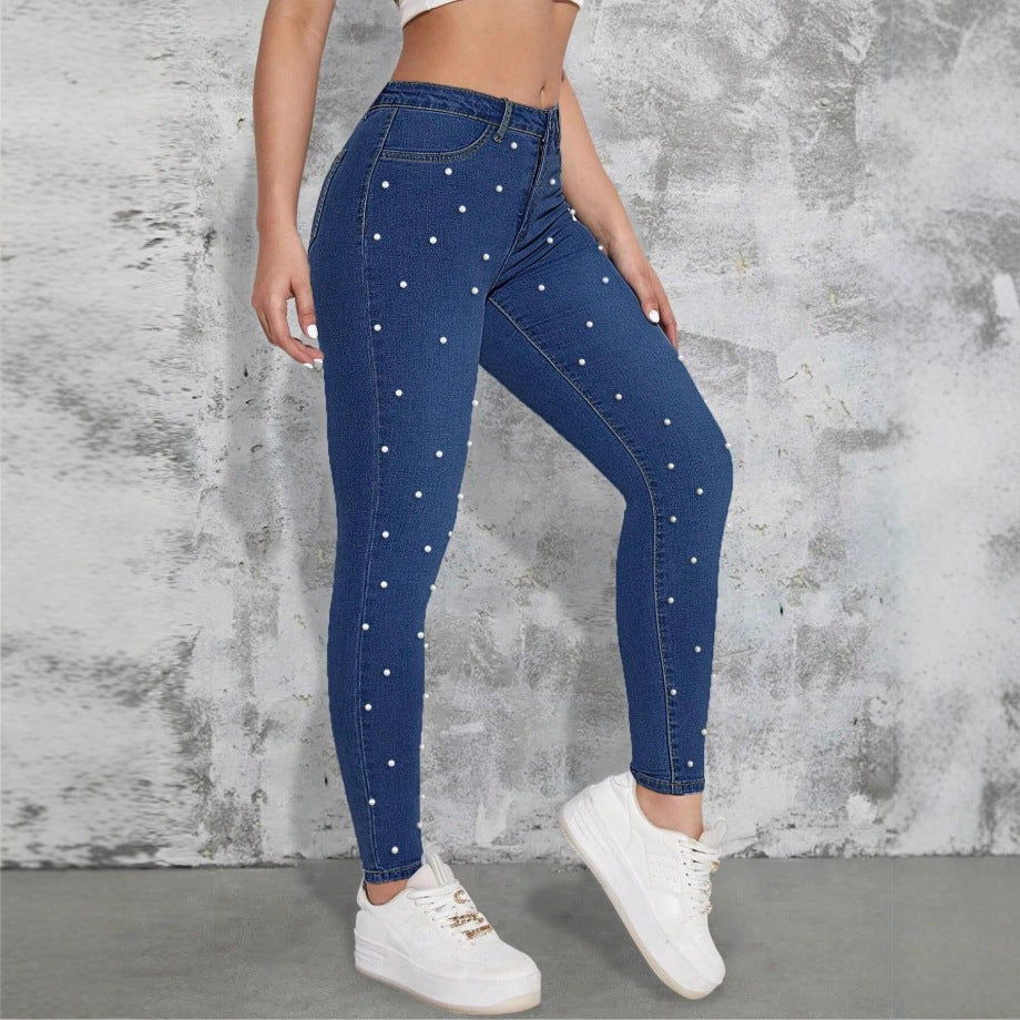 Damen hochtaillierte Skinny-Jeans mit Perlenbesatz Shop Nory