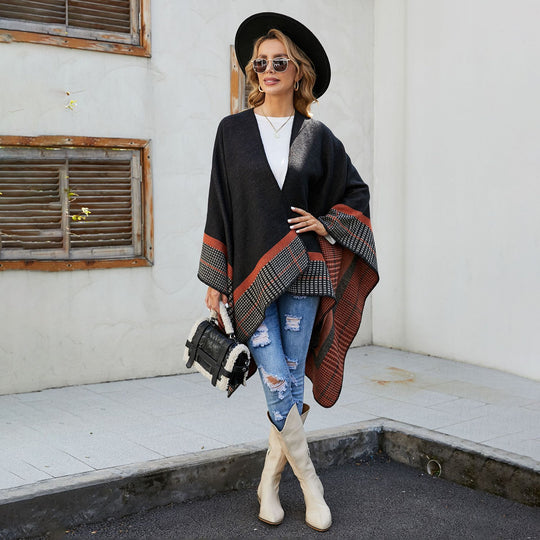 Damen Oversize-Capeponcho aus Wollmix mit kastigem Fall und feiner Bordürenstruktur Shop Nory