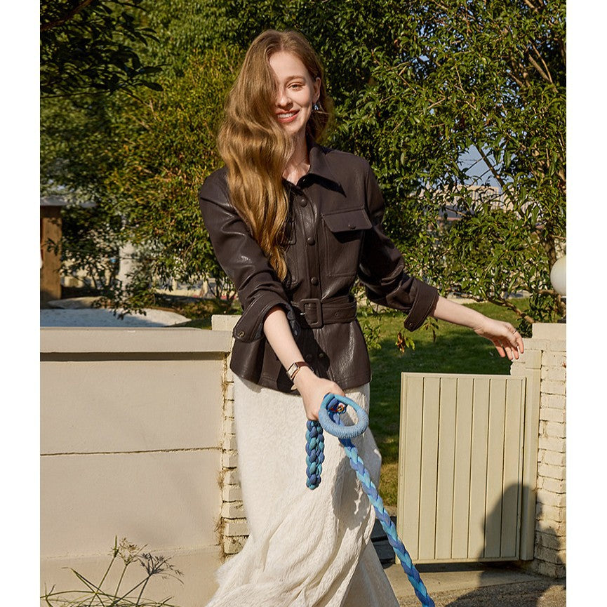Damen Taillierter Utility-Lederblouson mit Bindegürtel und aufgesetzten Brusttaschen Shop Nory